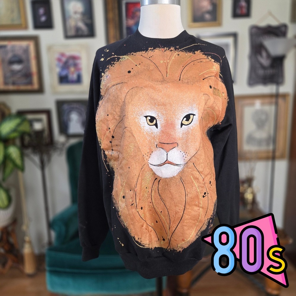 Fresh Paint Sweatshirt Hand Painted Vintage 80s Lion Signed Black Pullover L